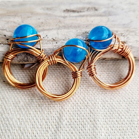 HANDMADE Boho Rings Lot Copper Gold Rose & Silver Wire Wrapped Glass Beads - Picture 12 of 14